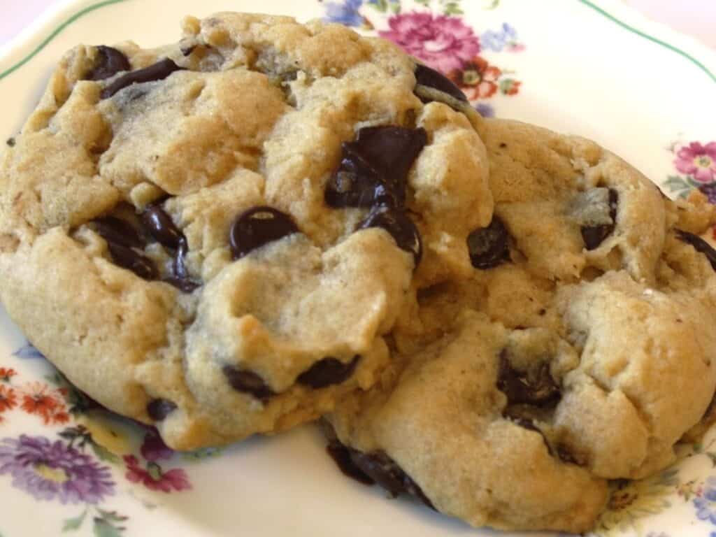 close up of 2 chocolate chip cookies