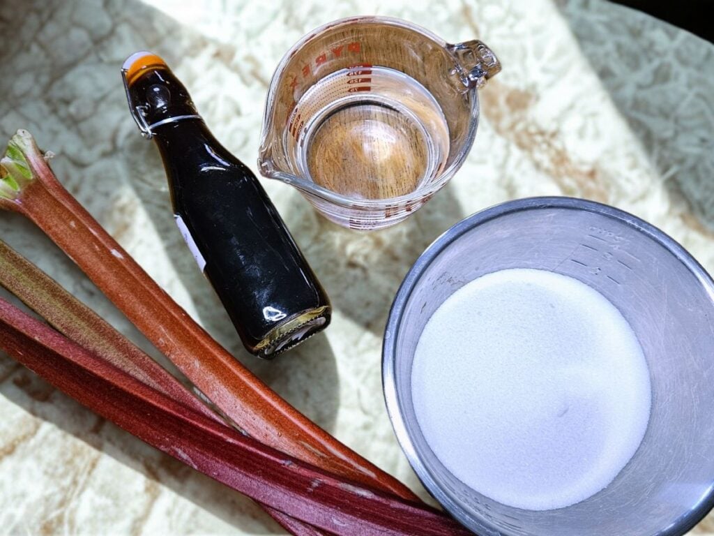 ingredients laid out for rhubarb in syrup
