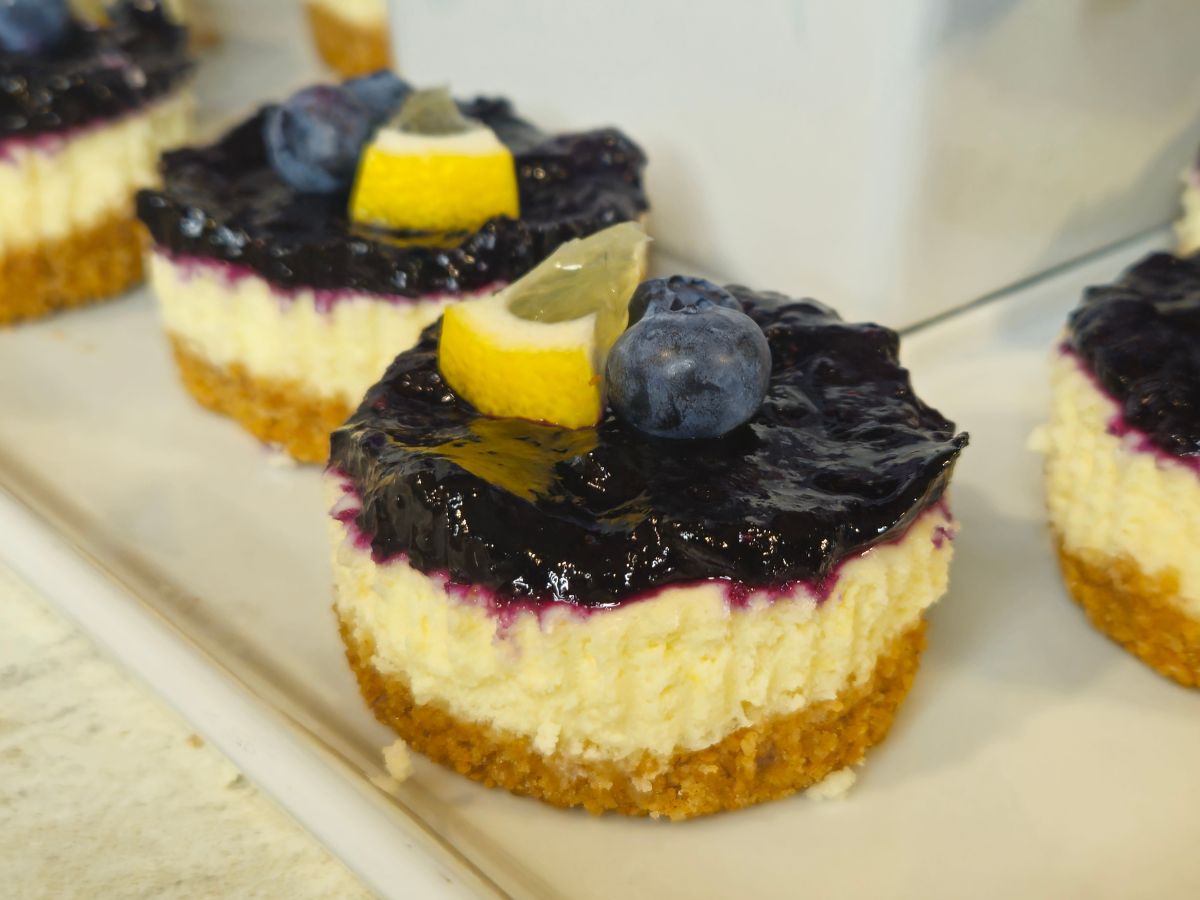 A side shop of a mini lemon cheesecake