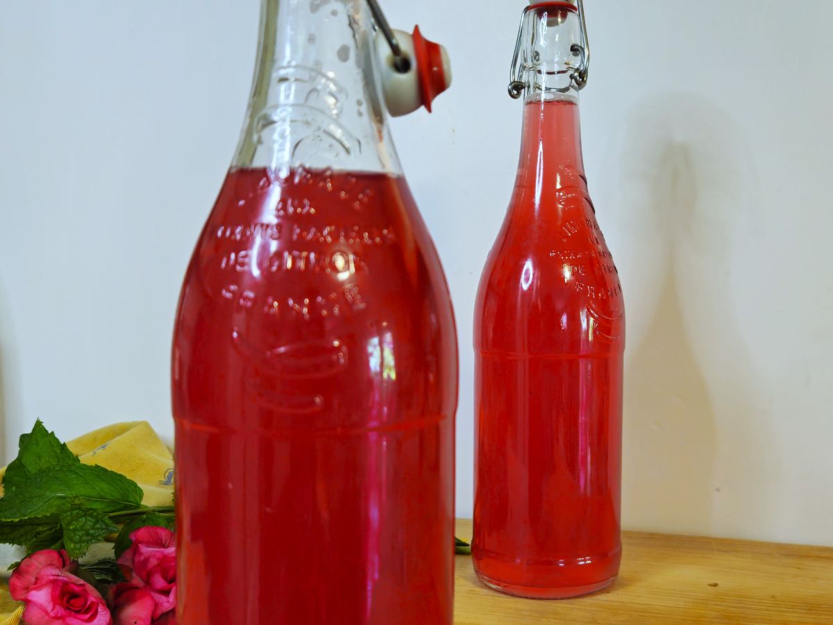 two bottles of mint rhubarb cordial