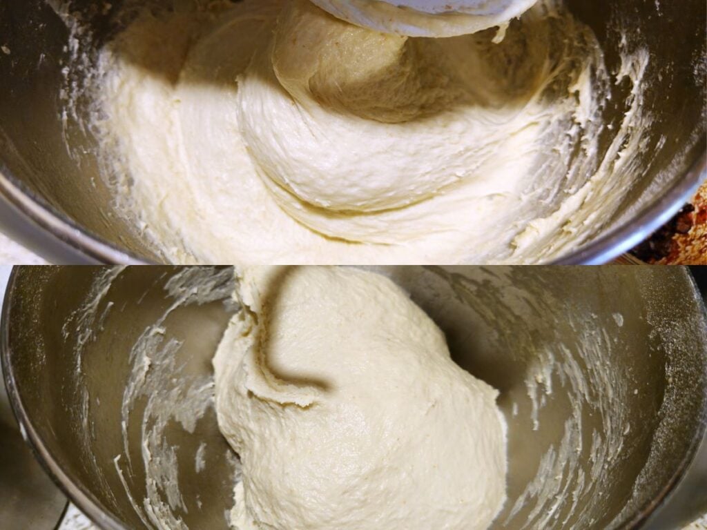 two images showing how a sticky enriched bread dough comes together as it is kneaded