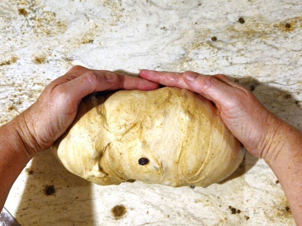 hands shaping cinnamon fruit bread dough into loaf shapes