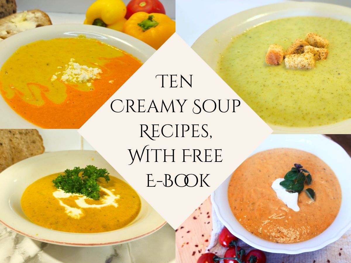 for images of creamy soup with a central text box explaining the post