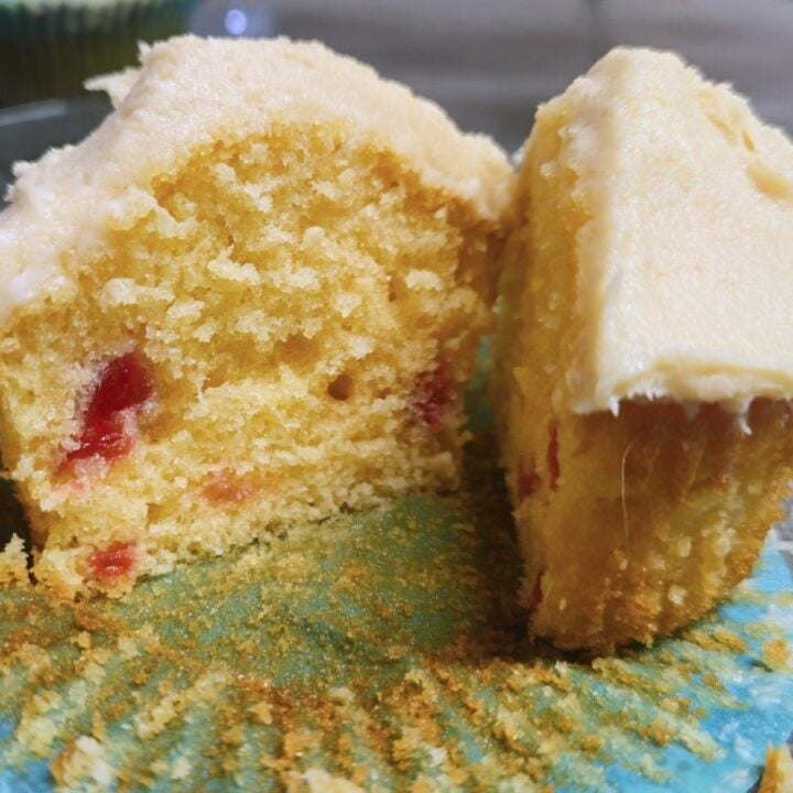 an almond cupcake sliced in half