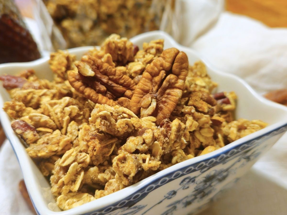 a bowl filled with some maple pecan granola
