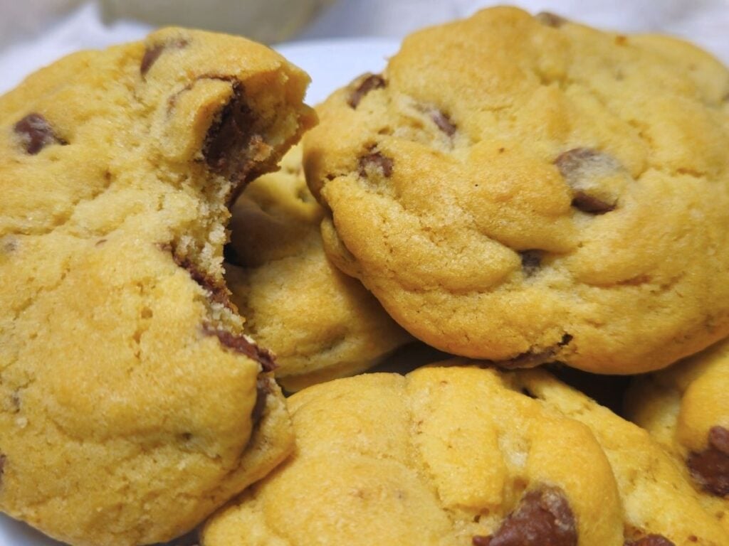 a closeup of crunchy chocolate chip cookies