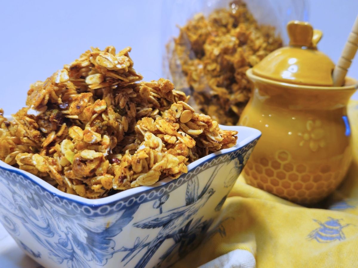 a bowl filled full with some baklava granola