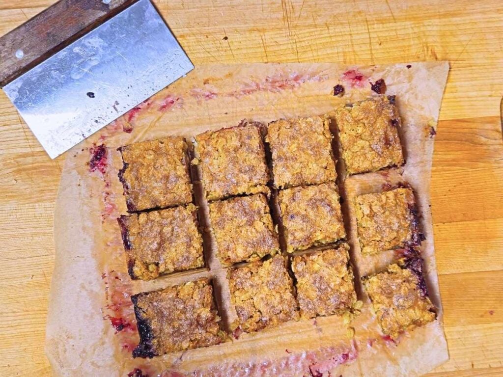 top view of freshly sliced blackberry oat squares
