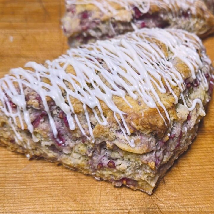 a top shot of an almond raspberry scone