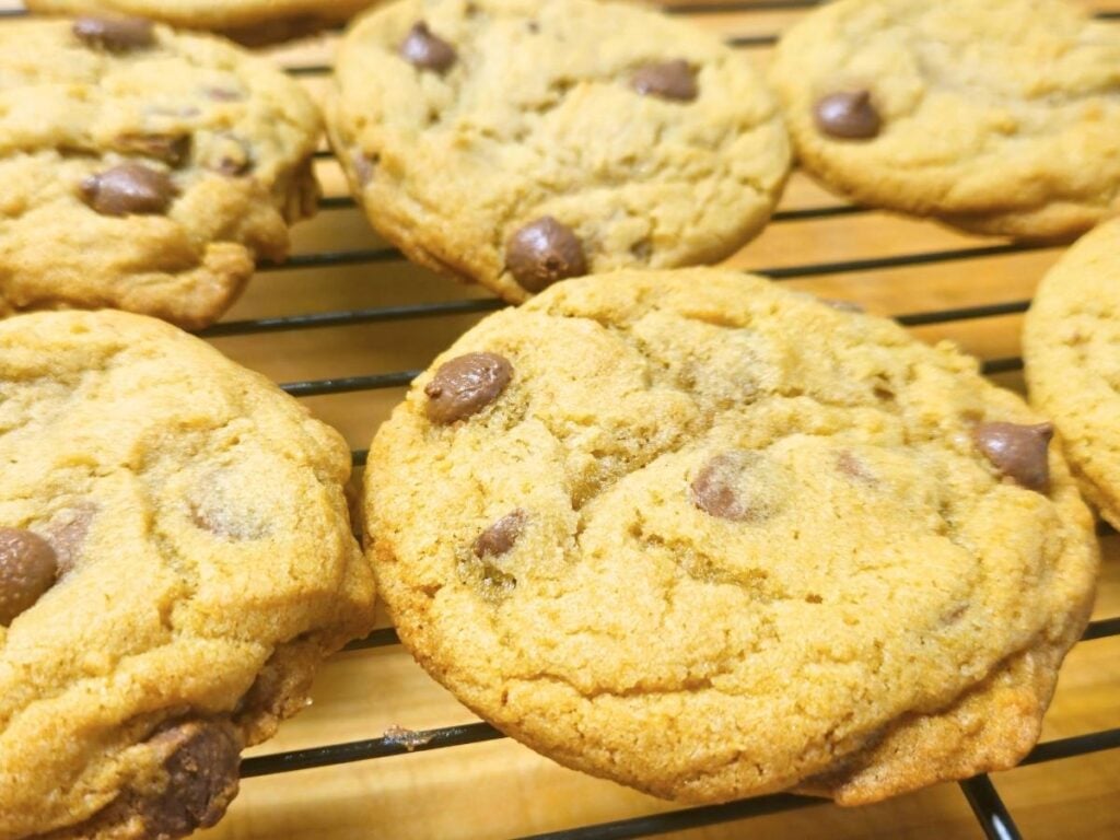 chocolate chip cookies on a rack to cool